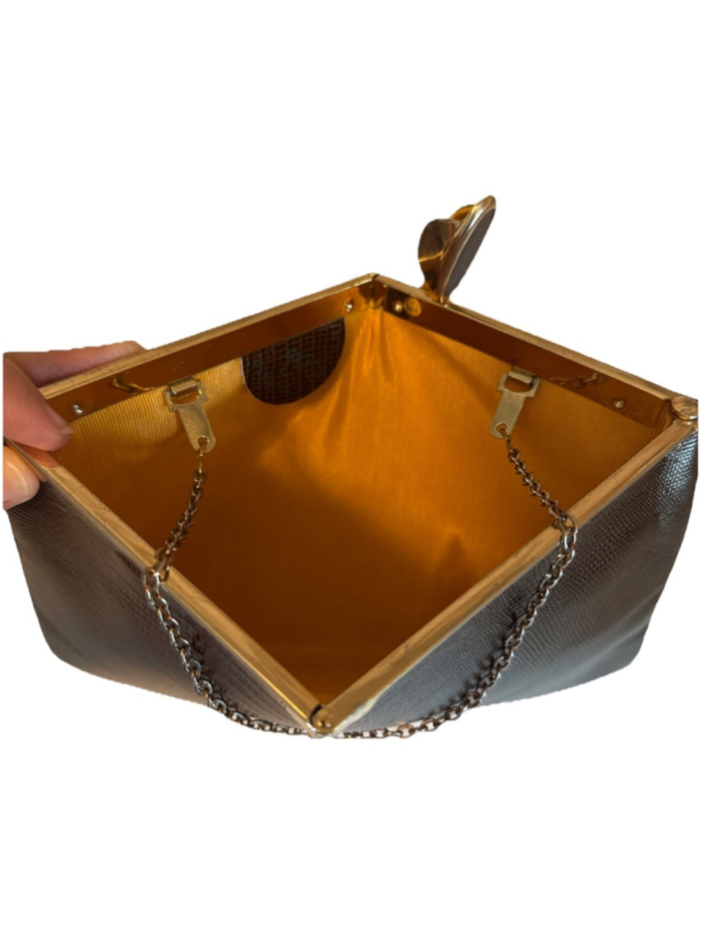 Vintage Etra Leather Lift Clasp Clutch with Chain Bag, Clean Lizard Embossed EUC - Picture 6 of 8